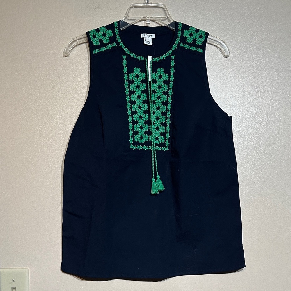 J. Crew Navy Top with Green Embroidery